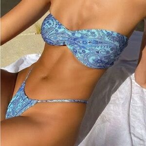 frankie’s bikinis jeanette blue paisley bikini strapless bandeau full set of 2